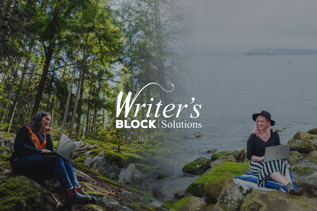 Val sits with her laptop in a forest and Kyla sits with her laptop on a rocky beach with the Writer's Block Solutions logo between them in white