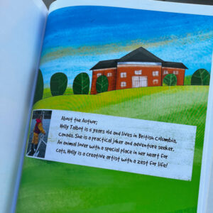 the author bio page from the book, "Why Don't Cats Go to Kindergarten" featuring an image of the five-year-old author and her brief bio over an illustrated image of a school house
