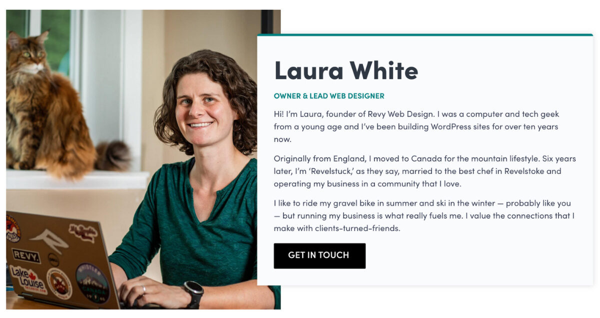 A woman at a laptop with a cat in the background, with the text "Laura White" and "Owner & Lead Web Designer" next to it, as well as a brief bio about Laura.