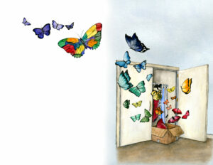 An illlustration of an open door and multi-coloured butterflies flying out of a box sitting on the threshold