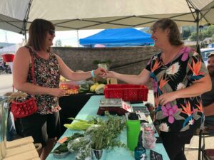 two women reach toward each other over a table full of produce