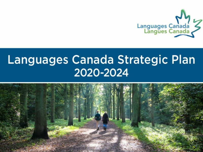 Cover image of two people walking down a forest path under the words "Languages Canada Strategic Plan 2020-2024"