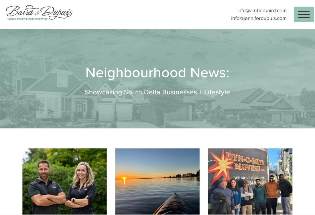 the header and first three posts of a blog page titled "Neighbourhood News: Showcasing South Delta Businesses + Lifestyle"