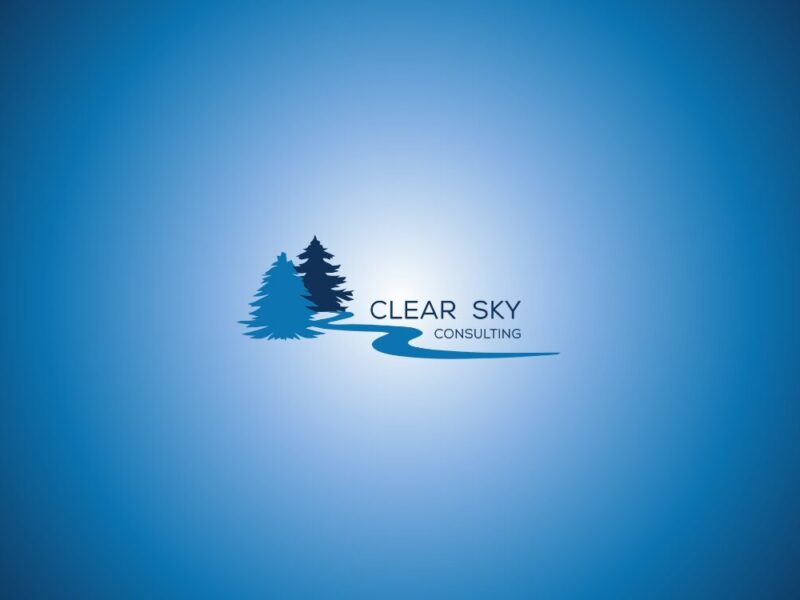a logo of two trees with the words Clear Sky Consulting on a blue background