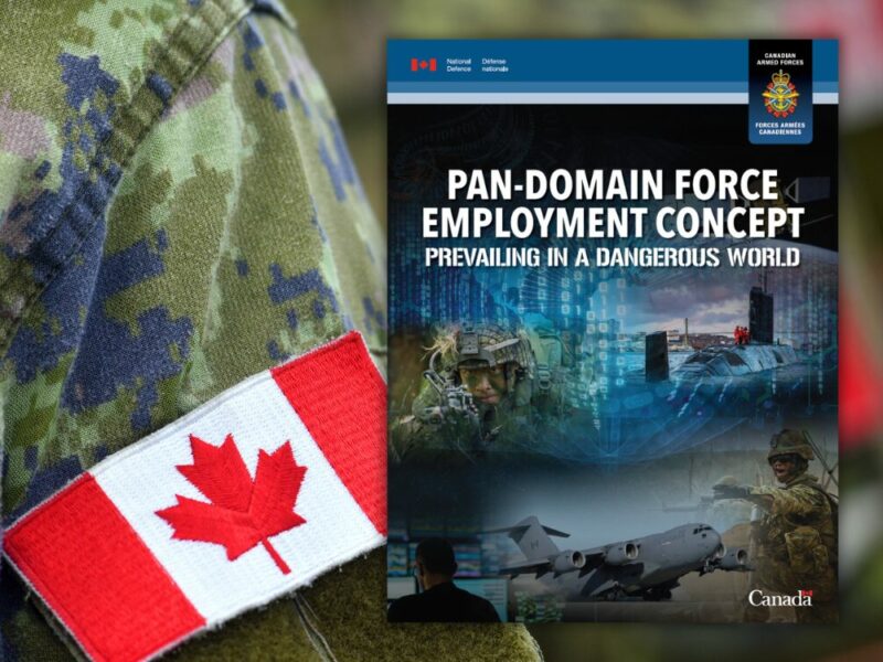 the cover of a Canadian Department of National Defence document on a background image of the Canadian flag on the shoulder of a set of army fatigues