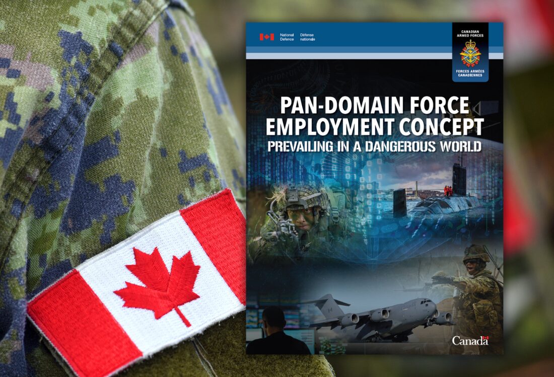 the cover of a Canadian Department of National Defence document on a background image of the Canadian flag on the shoulder of a set of army fatigues